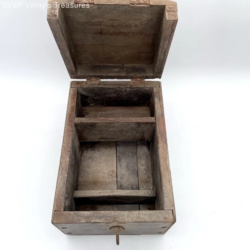 Antique Primitive Handmade Wooden Box Divided Storage Chest 19th Century